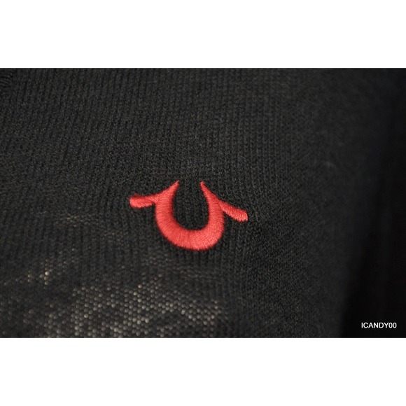 True Religion Embroidery U V-Neck Cotton/Cashmere Sweater Black XS Nwt $178 - Picture 3 of 8